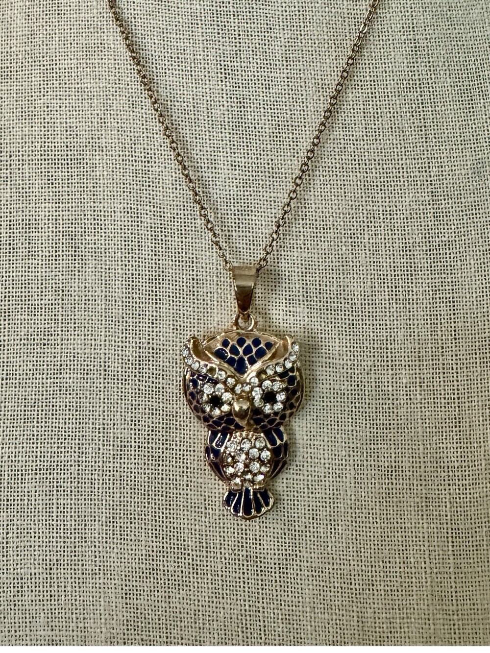 Amrita Singh Gold-tone Rhinestones & Blue Enamel Owl Pendant Chain Necklace